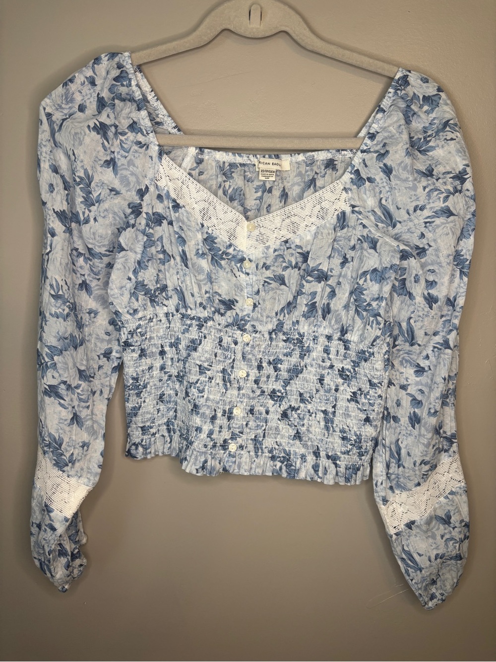 American Eagle Outfitters Light Blue Floral Smocked Button-Front Blouse